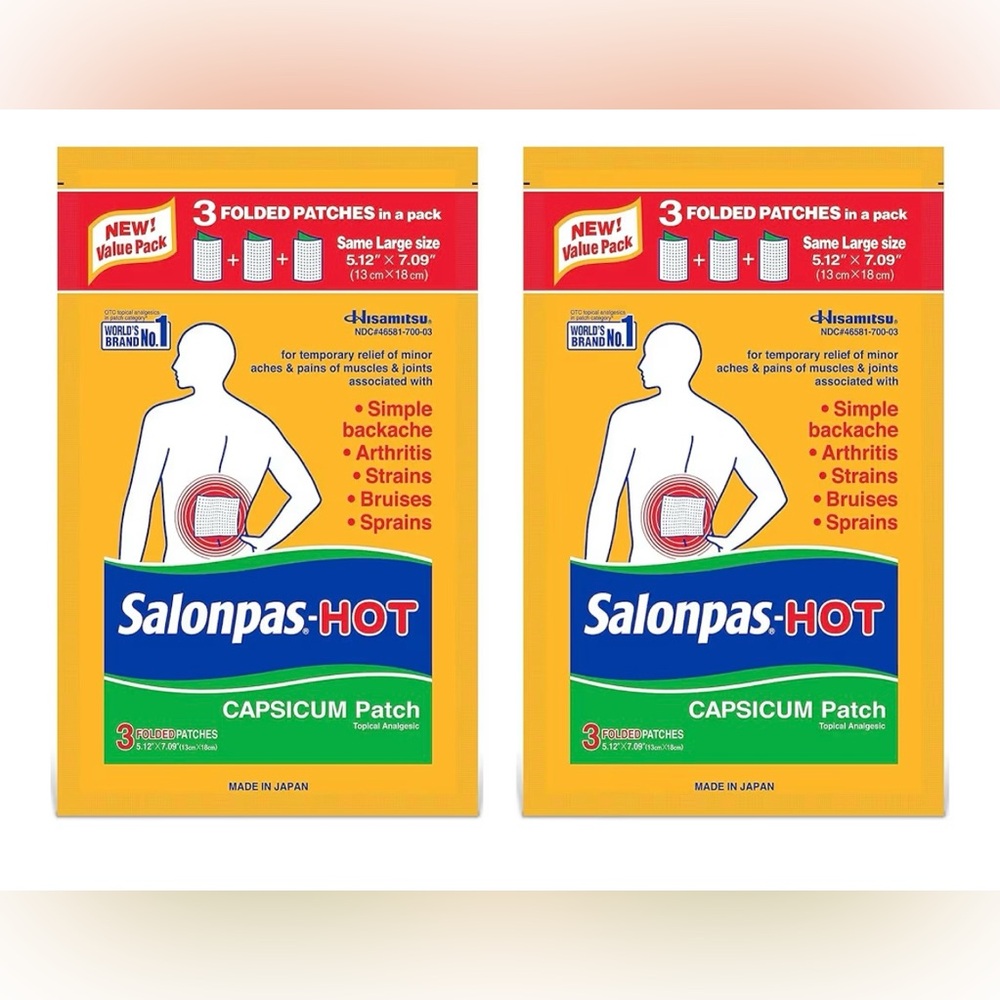 NEW Salonpas Pain Relieving HOT Capsicum Patch, 3 Count per pack Pack (2 Packs)